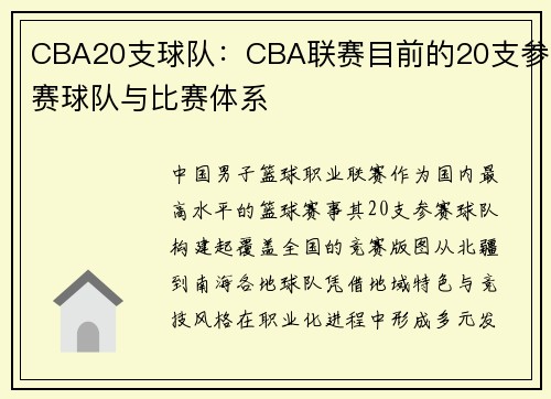 CBA20支球队：CBA联赛目前的20支参赛球队与比赛体系